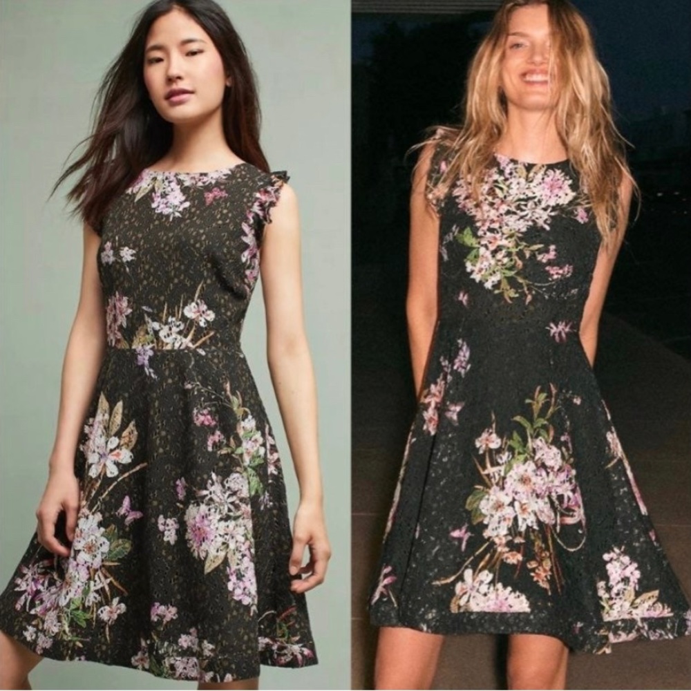 Anthropologie eri & ali neveah black floral dress size 8
